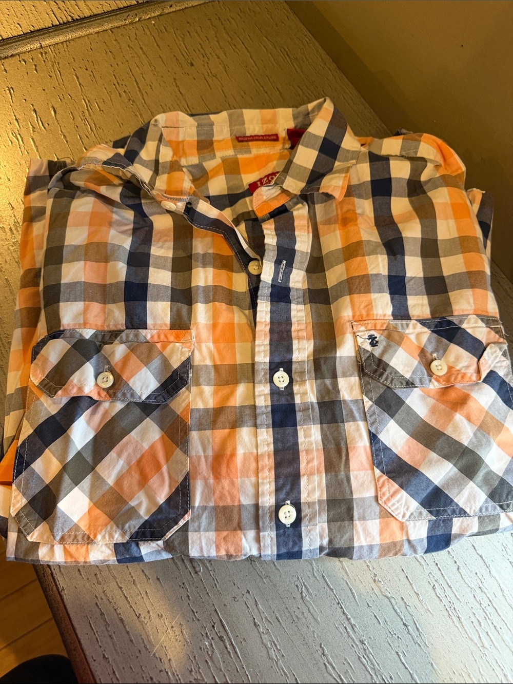 Izod Orange Navy White Check Button-Up Dress Shirt